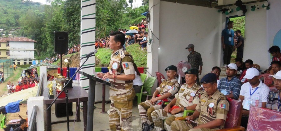 Teisovise Metha, Commandant 11 NAP (IR) Battalion, Aboi addressing the 1st Inter School Tournament in Aboi on July 11. (DIPR Photo)